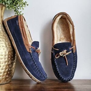 L.L.Bean Men’s Wicked Good Moccasin Slippers Lamb Shearling Suede Navy Size 12 M